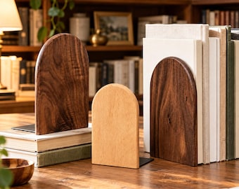 Houten boekensteun, minimalistische boekenhouder voor in de boekenkast, bureau-organizer van natuurlijk hout en metaal, moderne plankdecoratie