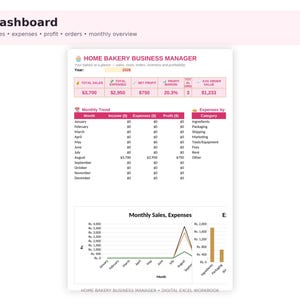 Modello Excel per la pianificazione aziendale di una panetteria / Foglio di calcolo per la gestione di una panetteria / Monitoraggio ordini, entrate e uscite, calcolatore dei costi delle ricette, fattura
