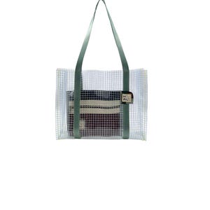 May include: A clear, grid-patterned tote bag with sage green shoulder straps. Inside, a dark brown zippered pouch is visible, featuring a small rectangular tag with the text H-T-A-L printed in black letters on a white background.