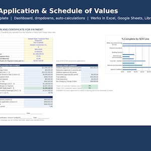 May include: A digital spreadsheet template titled Pay Application & Schedule of Values, featuring an Application and Certificate for Payment form, a Change Order Summary table, and a bar chart displaying percentage complete by SOV line.