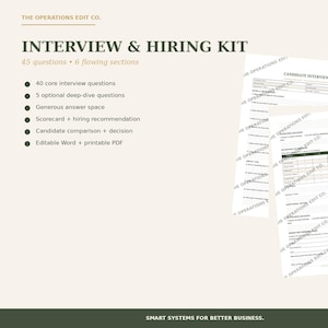 Op de afbeelding: Een interview- en wervingskit van The Operations Edit Co. met 45 vragen verdeeld over 6 secties, inclusief kernvragen, verdiepingsvragen, een scorekaart en vergelijkingstools. De kit is beschikbaar als bewerkbaar Word-bestand en printbaar PDF.