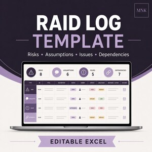 May include: A digital RAID log template displayed on a laptop screen, featuring sections for Risks, Assumptions, Issues, and Dependencies. The interface includes a table with columns for type, ID, title, description, status, owner, impact, and due date.