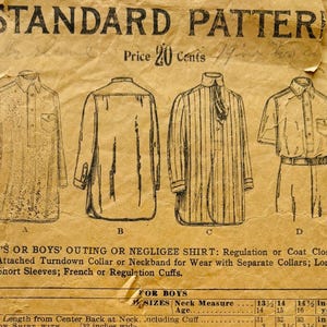 May include: Vintage Standard Pattern for men's or boys' outing or negligee shirts. The pattern, No. 9764, includes diagrams of different shirt styles, size charts, and instructions. The paper is aged with visible wear and tear, and the price is 20 cents.