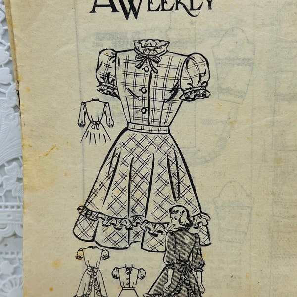 American Weekly 3864 | Apron Ruffled Frock Sleeve Variations | Child Size 8 | 1940's unprinted, factory precut, complete mail order pattern