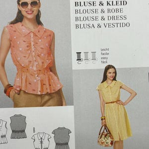 May include: A Burda Style sewing pattern featuring images of blouses and dresses. The pattern includes size charts in both EUR and US sizes. The cover displays a woman wearing a peach-colored blouse and another in a yellow dress.