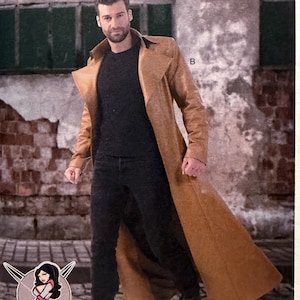 May include: A McCall's Costumes sewing pattern envelope, M7374, featuring a long, tan trench coat. The cover displays a photograph of a person wearing the coat over a black shirt and black pants. The text includes McCall's Costumes, M7374, and MWW.