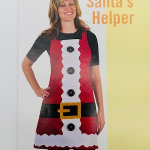 May include: A red and white Santa's Helper apron featuring a black belt with a yellow buckle and four black buttons down the center. The apron is displayed on a product card with the text APRON SERIES, Santa's Helper, and Cotton Ginnys.