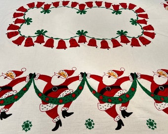 Kitschy Christmas DANCING SANTA'S Tablecloth | Vintage 1950's 62 x 52 Rectangle