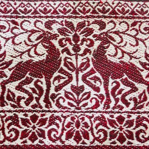 Reversible Christmas Tablecloth | 47"x45" Tapestry Cloth | Stag/Reindeer Border Motif | Rich Greens & Reds