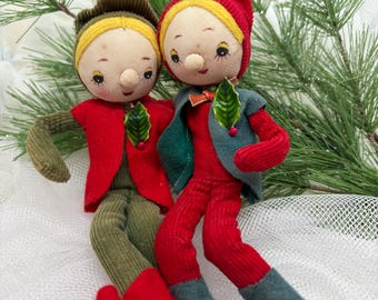 Stockinette Christmas Elf Pixies | Vintage & Posable Pair | Made in Japan