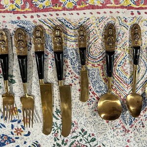 Vintage SIAM Buddha Flatware: Brass & Rosewood Handles Six (6) Eleven (11) Piece Place Settings