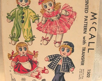 McCall&#39;s 1502 | 15&quot; Ballerina, Sailor, Girl and Clown Sock Dolls | vintage 1940&#39;s complete sewing pattern w/face transers