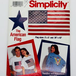 May include: Simplicity sewing pattern number 0692, one size, for making an American flag. The pattern includes instructions and transfers for making a 3 x 5 foot flag and a 26 x 43 inch flag. The pattern shows two people wearing shirts with the American flag on them and a person wearing a denim jacket with an American flag patch.