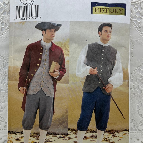 Butterick 3072 | Making History Series: Men's Colonial Reenactment Costumes | Men's 32 34 36 | uncut factory folded costume sewing pattern