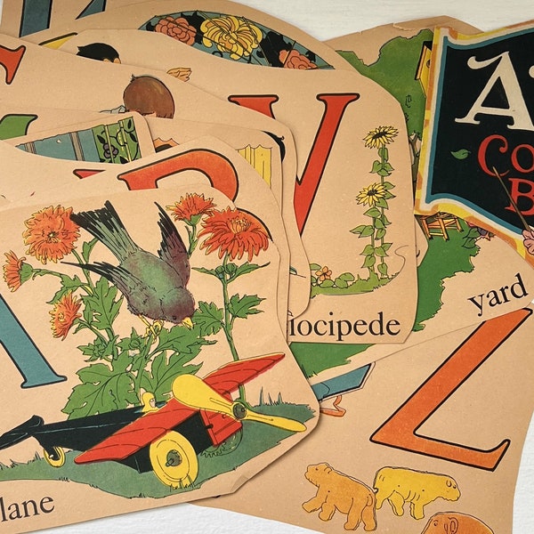 De-stash! Vintage 1928 ABC Coloring Book Pieces | Corinne Ringel Bailey Illustrations | Whimsical Color Alphabet Letters (not full alphabet)