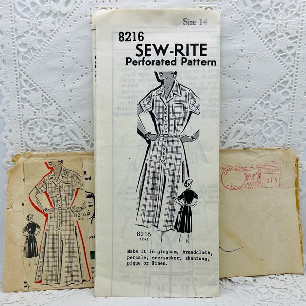 Sew-Rite 8216 | Misses Button-Front Dress | Misses Size 14 b32 h35 | vintage 1950's unprinted, factory precut, complete mail order pattern