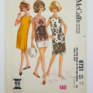 May include: Vintage McCall's sewing pattern for a pre-teen dress or top and shorts. The pattern is printed on white paper and features three illustrations of girls wearing the different styles. The pattern number is 6731, the size is 8PT, and the bust measurement is 28 inches. The pattern is labeled "Easy to Sew."