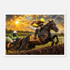 Pode incluir: Uma pintura a óleo retratando dois jóqueis a cavalo saltando um obstáculo durante uma corrida. O cavalo líder é castanho escuro com uma sela amarela marcada com o 3 GALOPIN DES CHAMPS sob um céu de pôr do sol dourado ao fundo.