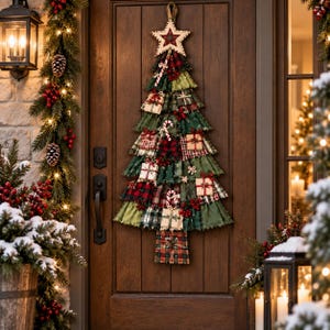 Puede incluir: Una decoración de pared con forma de árbol de Navidad hecha de tiras de tela superpuestas con patrones de cuadros verdes y rojos. El árbol está rematado con una estrella de madera y adornado con cajas de regalo en miniatura, bastones de caramelo y racimos de bayas rojas.