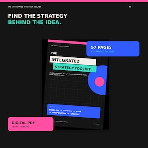 Può includere: Un documento PDF digitale intitolato The Integrated Strategy Toolkit con uno sfondo a griglia nera. Include il testo Find the strategy behind the idea, 57 pages, 8 strategic sections, e un flusso di problem, tension, role, proposition, creative.