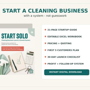 May include: A digital product titled Start a Cleaning Business with a system - not guesswork. It includes a 21-page startup guide, editable Excel workbook, pricing and quoting tools, a first 5 customers plan, a 30-day launch checklist, and a profit and follow-up system.
