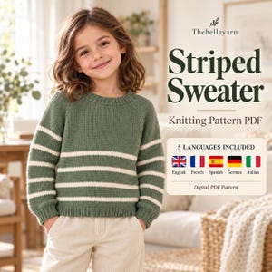 Puede incluir: Un suéter tejido de color verde salvia con rayas horizontales blancas, cuello redondo y puños acanalados. El texto dice Thebellayarn Striped Sweater Knitting Pattern PDF, 5 LANGUAGES INCLUDED y Digital PDF Pattern.