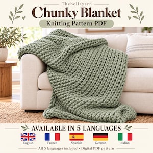 Modello PDF per coperta a maglia grossa, coperta per principianti, coperta in filato jumbo, 5 lingue, accogliente decorazione per la casa