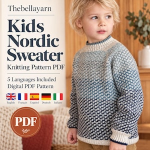 May include: A digital knitting pattern PDF for a kids' sweater titled Thebellayarn Kids Nordic Sweater. The sweater features a gradient color pattern transitioning from cream at the neck to dark blue at the hem with a ribbed collar and cuffs.