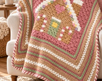 Virkmönster för pepparkakshusfilt i PDF-format, julpläd C2C, afghansk julpläd med pixeldiagram, 40 x 40 tum