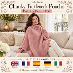 Può includere: Un modello di lavoro a maglia digitale in PDF per un poncho a collo alto spesso di Thebellayarn. Il documento presenta testo, illustrazioni floreali e bandiere di cinque lingue, descrivendo un poncho in maglia rosa.