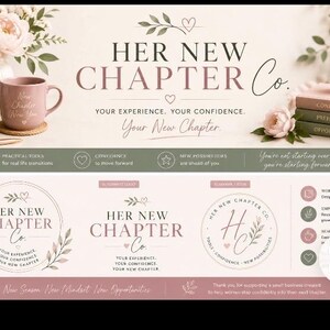 May include: A branding display for Her New Chapter Co. featuring a pink mug, a vase with flowers, and stacked books labelled Confidence, Preparation, and Opportunity. The graphic includes logos, text, and icons detailing workbooks and planners.