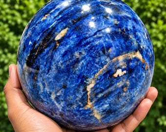 Large Polished Sodalite Sphere | Blue Crystal Ball on Wooden Stand (3-4 Inch)