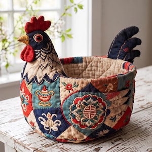 Op de afbeelding: Een stoffen mand in de vorm van een kip, voorzien van een gewatteerd patchworkontwerp met diverse geborduurde bloemmotieven en geometrische patronen in rood, blauw en beige. De kippenkop heeft een rode kam en lellen, het lichaam vormt een kom.