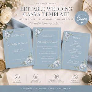 Op de afbeelding: Een trouwsuite Canva-sjabloon met drie lichtblauwe kaarten met gouden randen en blauwe aquarel bloemenaccenten. De tekst bevat Save The Date, uitnodiging en detailkaarten met aanpasbare velden voor namen en evenementgegevens.