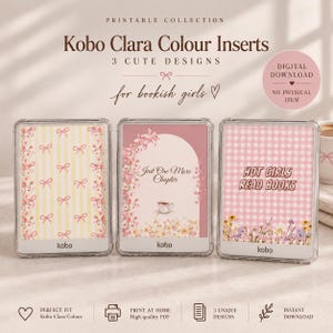 Kobo Clara färginläggspaket | 3 utskrivbara e-läsarinlägg | Bookish Girl blom-, gingham- och rosettdesigner | Digital nedladdning