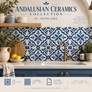 May include: A digital collection of Andalusian ceramic tiles featuring a blue and white floral pattern. The image displays the tiles installed as a kitchen backsplash with text reading Andalusian Ceramics Collection 01 Patio Azul.