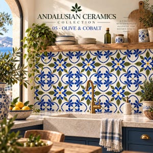 Könnte beinhalten: Ein Küchenrückwand-Fliesenspiegel mit quadratischen Keramikfliesen in einem sich wiederholenden Blumenmuster in Kobaltblau, Olivgrün und Gelb. Der Text lautet ANDALUSIAN CERAMICS COLLECTION 05 OLIVE & COBALT A TIMELESS MEDITERRANEAN AESTHETIC FOR MODERN SPACES.