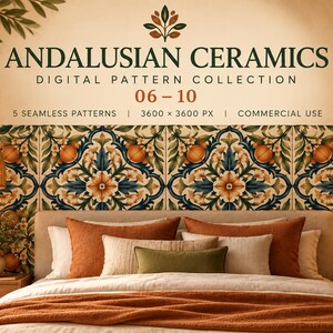 以下が含まれることがあります： ANDALUSIAN CERAMICS 06-10と題されたデジタルパターンコレクション。商用利用可能な3600 x 3600 pxのシームレスパターン5種。ベッドの後ろの壁には、オレンジと緑のフローラルタイルのパターンが施されています。