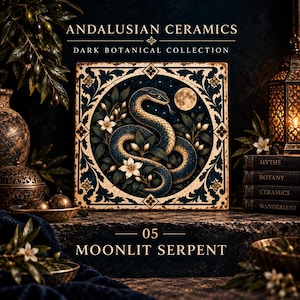 May include: A square ceramic tile featuring a coiled snake surrounded by white flowers and a full moon against a dark blue background. The text reads ANDALUSIAN CERAMICS DARK BOTANICAL COLLECTION 05 MOONLIT SERPENT. The tile has a decorative border.