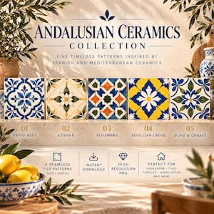 Könnte beinhalten: Eine digitale Sammlung mit dem Titel Andalusian Ceramics Collection, die fünf quadratische Fliesen mit verschiedenen Mustern zeigt: Patio Azul, Azahar, Alhambra, Sevillian Cross und Olive & Cobalt. Die Grafik enthält Text, Symbole und eine 3600 x 3600 px Angabe.