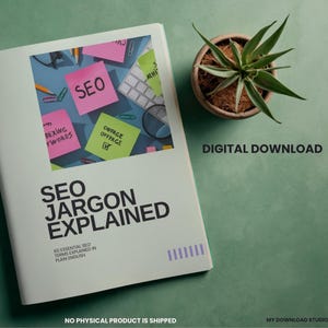 May include: A white document titled SEO JARGON EXPLAINED with a graphic showing colorful sticky notes labeled SEO, INDEXING KEYWORDS, and ONPAGE OFFPAGE. The document includes the text 60 ESSENTIAL SEO TERMS EXPLAINED IN PLAIN ENGLISH and DIGITAL DOWNLOAD.