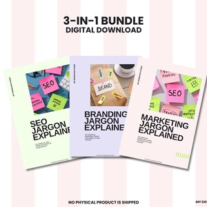 May include: A 3-in-1 digital download bundle featuring three guides titled SEO Jargon Explained, Branding Jargon Explained, and Marketing Jargon Explained. Each cover displays colourful sticky notes with marketing terms.