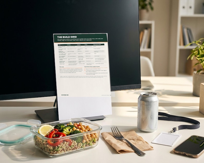 Gluten free lunch ideas with no microwave: printed pages from Cold Lunch, Solved in a real-life photo, dairy free cold lunch build grid