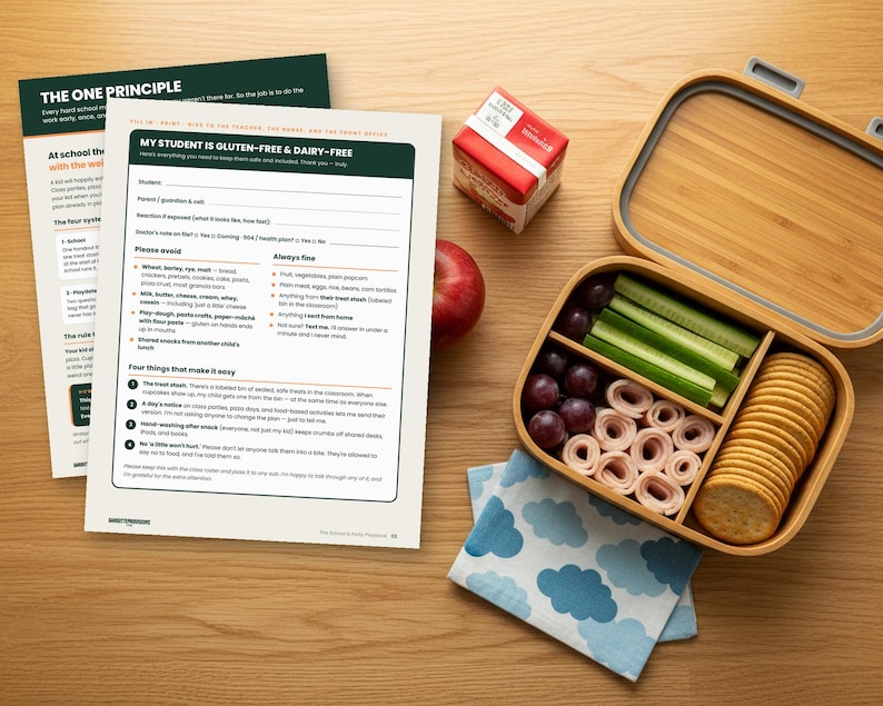 The School & Party Playbook: gluten free kids lunch and school kit printable PDF, celiac teacher handout and birthday party plan (image 1)