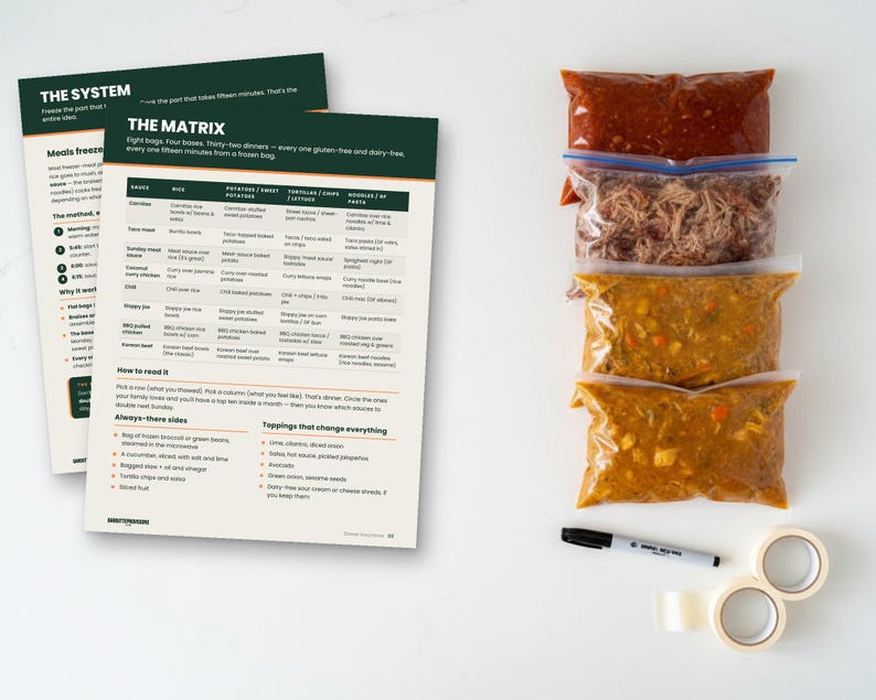 Dinner Insurance: gluten free freezer meals plan printable PDF, eight dairy free freezer sauces, labels and inventory sheet (image 1)