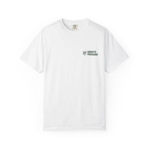 May include: A white short-sleeve t-shirt with a crew neckline. On the upper left chest, there is a small black graphic featuring a shield icon with the letters GP inside, followed by the text Garoutte Provisions in a clean sans-serif font.