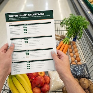 Celiac disease guide for the newly diagnosed: printed pages from The First 30 Days in a real-life photo, gluten free dairy free grocery list and pantry sweep