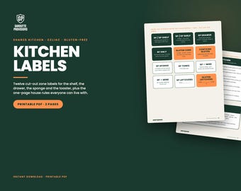 May include: A printable PDF set of kitchen labels featuring twelve cut-out zone stickers for shelves, drawers, sponges, and toasters, plus a one-page house rules document. The labels are color-coded in dark green and orange with text for gluten-free organization.
