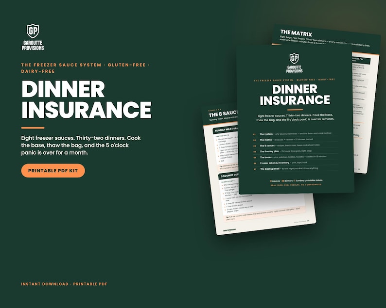 Dinner Insurance: gluten free freezer meals plan printable PDF, eight dairy free freezer sauces, labels and inventory sheet (image 2)