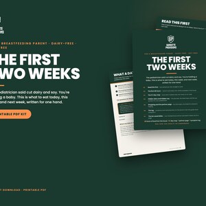 The First Two Weeks cover: dairy free soy free breastfeeding diet plan printable PDF, MSPI 14-day meal map and hidden soy list